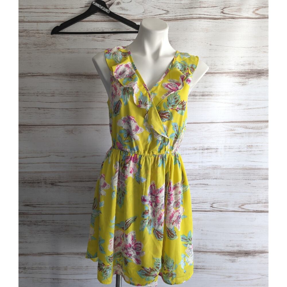 Skies are Blue Yellow Floral Print Hi Low Sun Dress sz Small
